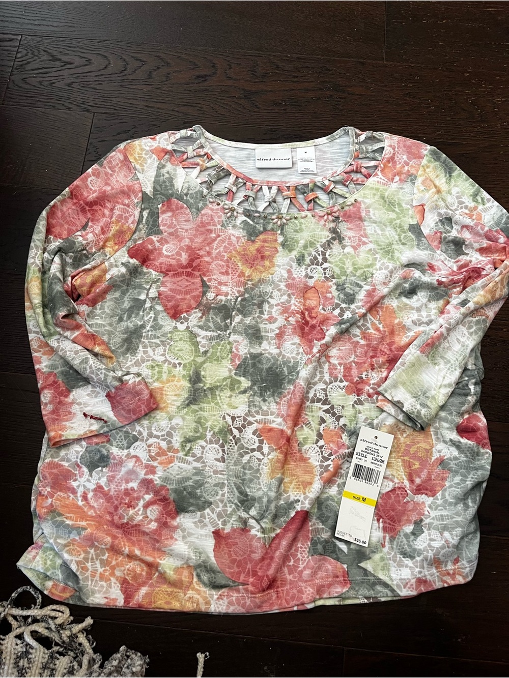 Alfred Dunner Floral Lace-Print 3/4 Sleeve Top in Coral, Gray, Green and Cream